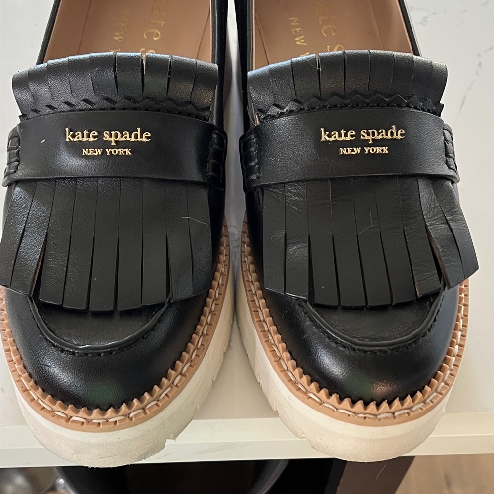 Kate Spade Black Leather Fringe Loafers